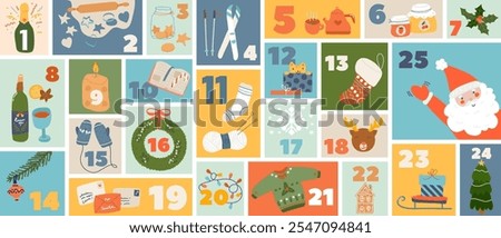 Merry Christmas and Happy New Year advent calendar template with cute hand drawn holiday items and numbers to count down time for celebration, greeting and doing funny tasks vector illustration