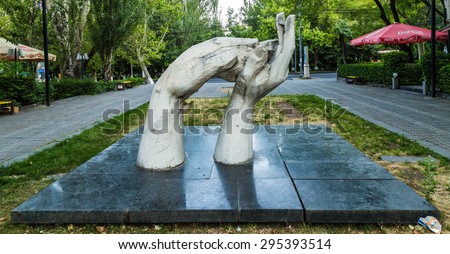 Hands sculpture, Yerevan, Armenia - July 11 2015