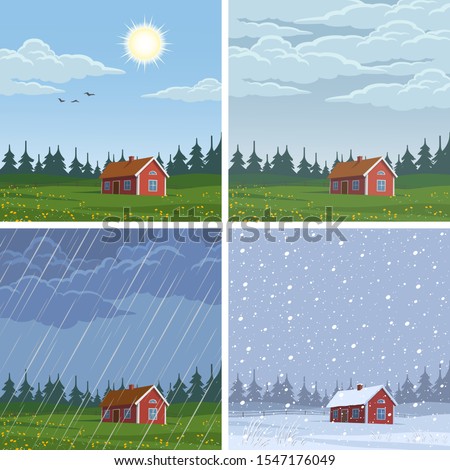 Set of different weather landscapes: sunny, cloudy, rainy and snowy.