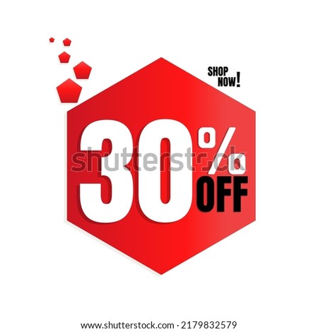 30% percent off(offer), with red pentagon shaped discount icon design, shop now. vector illustration