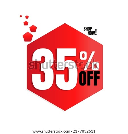 35% percent off(offer), with red pentagon shaped discount icon design, shop now. vector illustration
