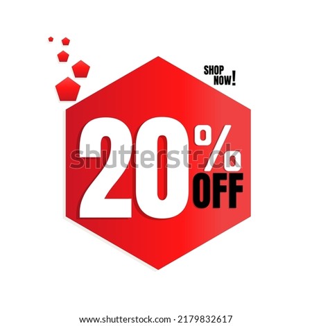 20% percent off(offer), with red pentagon shaped discount icon design, shop now. vector illustration