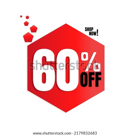 60% percent off(offer), with red pentagon shaped discount icon design, shop now. vector illustration