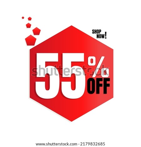 55% percent off(offer), with red pentagon shaped discount icon design, shop now. vector illustration