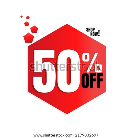 50% percent off(offer), with red pentagon shaped discount icon design, shop now. vector illustration