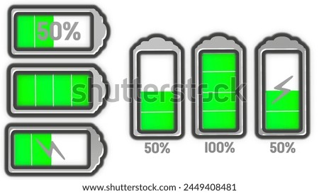 Battery icon set with green gradient. battery charge level 50% and 100%. battery charging icon