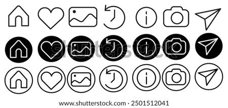 Instagram collection icon set. Social media icon like, icons, Instagram UI app interface icon set. Home, search, reel, heart shaped like, camera roll and share