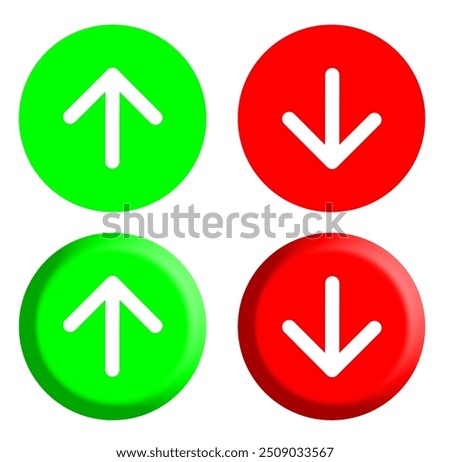 POSITIVE AND NEGATIVE BUTTON ICONS GREEN UP AND RED DOWN ARROW. high and low