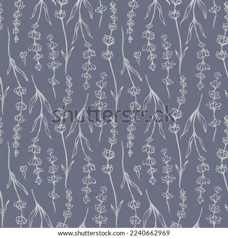 Hand drawn lavender seamless pattern. Light flowers outline silhouettes on pale purple background.