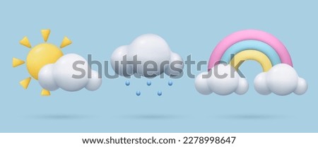 3d weather Icons set Sun, Clouds, Rainbow and rain on blue sky background.. Realistic three dimensional cartoon plastic weather icon. Cute baby design element in pastel pink, blue and yellow colors.