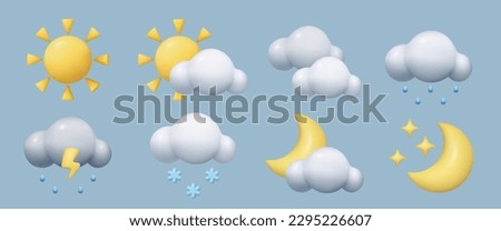 3d weather forecast icons set. Minimal cute toy three dimensional vector sky design elements collection. Sun moon ster cloud snowflake raindrop lightning bolt