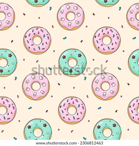 Cartoon donuts seamless pattern pastel doughnuts with sprinkles on beige background. Doodle hand drawn endless textile or wallpapers print design. Vector illustration.