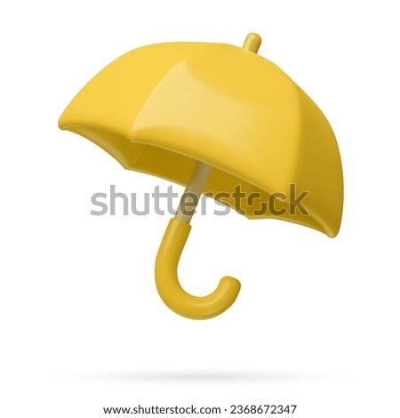 3d yellow umbrella with curved handle. Toy glossy plastic vector element isolated on white background. Autumn three dimensional icon.