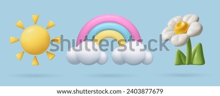 3d spring icons set. Blooming flower, sun and rainbow with clouds. Three dimensional warm summer weather vector objects. Toy plastic design elements collection.