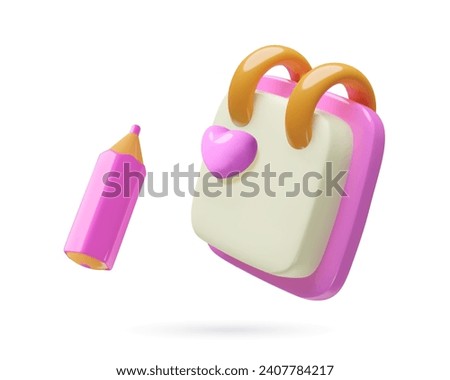3d calendar with heart mark and a pink pencil. Valentine's Day or romantic date reminder icon. Realistic plastic three dimensional vector illustration on a white background.