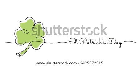 St. Patrick's Day single line typography background with four-leaf clover and handwritten style text. Banner or greeting card minimal concept. Vector illustration.