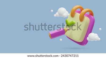 3d notepad with checkmark and crayon on clouds background. Task checklist, to do or wish list three dimensional cute vector business illustration.