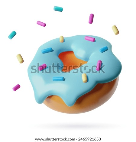 Colorful donut with sprinkles 3d realistic vector illustration. Cute bakery icon with blue icing. Three dimensional food illustration isolated on white background. 