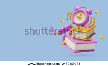 3D education and school background with books, ringing alarm clock, pencil and stars. Vector realistic three dimensional learn and study flying plastic objects and copy space for text.