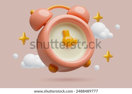 3D alarm clock stars and clouds banner. Cute minimal time and break concept three dimensional vector background design.