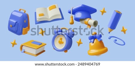 Children education 3d realistic vector icons collection. Minimal plastic style school bag, cap, textbooks, bell, clock, pencil and stars. 