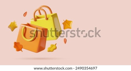 Shopping bags autumn background with 3d vector red and yellow fall leaves. Thanksgiving advertising, sale and discount concept three dimensional realistic banner design with cope space. 