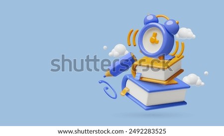 Education and study 3d realistic vector background with books stack, alarm clock and pen flying in clouds. Three dimensional student banner with empty space for text.