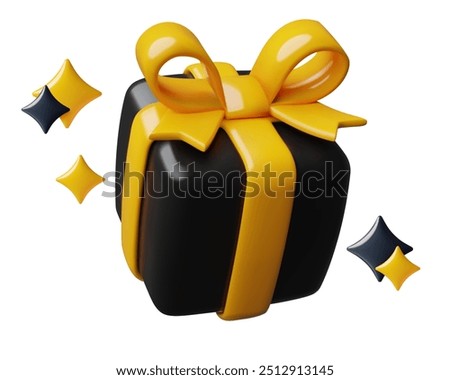 Black gift box with a yellow bow and sparkles 3d vector surprise and birthday present icon. Sale, giveaway concept cute three dimensional illustration.