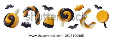 Halloween trick or treat 3d candies collection. Lolly pops, candy canes and candy corn icons and bats in a three dimensional cute minimal plastic style.