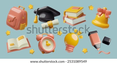 Education cute 3d elements set with books, bulb, school backpack, alarm clock, marker, bell, graduation hat with diploma.