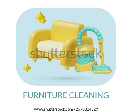 Furniture cleaning 3d icon design. Professional sofa washing and stain removing service three dimensional vector illustration.