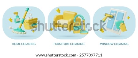 Furniture, windows home and office professional cleaning service banners 3d vector designs set. Cute three dimensional icons collection.