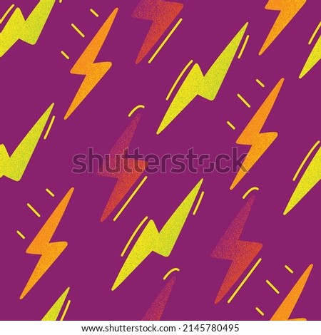 Colorful Flash Seamless Pattern on Purple background. Abstract Lightning pattern. Storm illustrations with texture.
