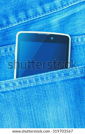 Mobile phone is in the pocket blue jeans.