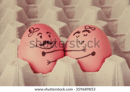 Similar – Image, Stock Photo Breakfast Smiley, A shared bread on the plate. With ketchup a smiley face. On the right a fork on a wooden table.