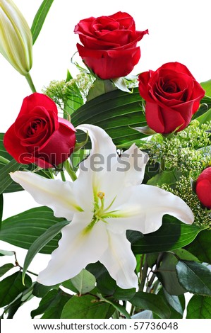 Bouquet of red roses and white lily