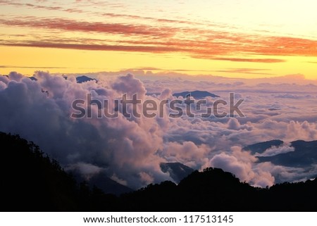 sunset of Hehun mountain in Taiwan,over the sea of clouds.