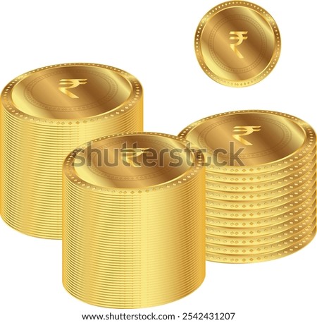 Gold rupee coins. Indian money, stacked golden coins. Rupee cash, currency isolated on white background vector icons. Money gold currency, cash wealth golden rupee, Coins Icon