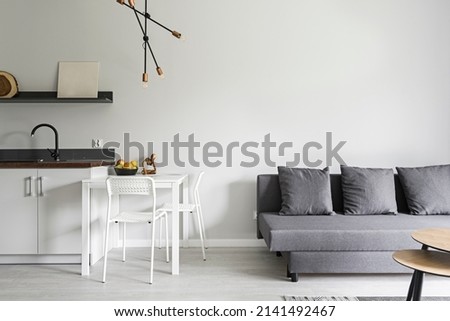 Przytulany salon oraz nowoczesna kuchnia. Jasne kolory, odcienie szarości i beżu. Szara sofa, dywan. Zdjęcia stock © 