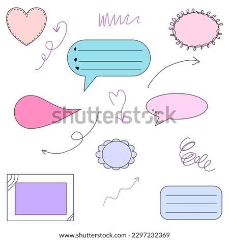 Set of colored hand drawn frames, dialog box, arrows. Set of elements. Speech bubble shapes. Collection of banners for chat and advertising. Colorful comics. arrows, doodles, dialog.