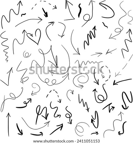 Vector set of drawn arrows. Sketch of doodles. Arrows are curved and straight, with solid and dotted lines. Collection of pointers. Isolated on white background.