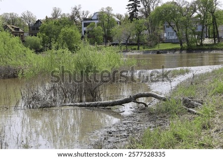 Similar – Foto Bild Frühling Schmelzen Fluss Überschwemmung Luftbild-Panorama. Überlaufwasser im Frühling