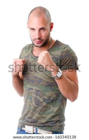 young man portrait, he wearing army shirt - isolated