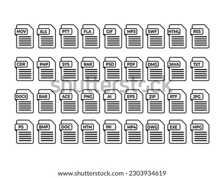 File type icons. Black and white icons. Format and extension of documents. A set of formats png, pdf, doc, excel, png, jpg, psd, gif, csv, xls, ppt, html, txt, gif and others. Vector