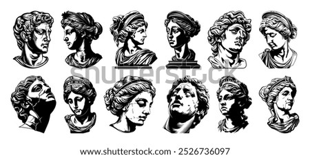 Set of silhouettes of heads of Greek gods and goddesses. Ancient statues. Greek antique sculptures, marble head. Vector for printing on T-shirts, posters, postcards, tattoos, covers, clothes, logo