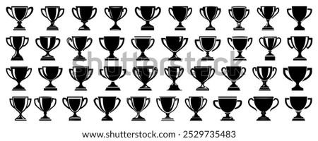 Flat trophy winner cup silhouettes. Black vector illustrations on transparent background. Victory symbol, award cup, winning cups silhouette collection. Win logo. Champions cup illustration sign