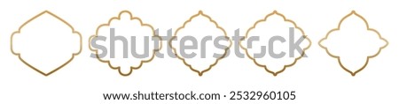 Islamic vintage shapes outline with gold gradient isolated on transparent background. Lines frames ornate, badges, labels set. Frames in Arabic Muslim design for Ramadan Kareem. Mosque gate shape