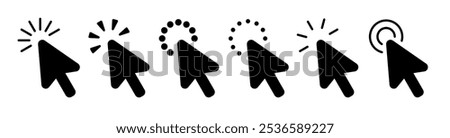 Computer mouse click cursor black fill arrow icons set. Arrow cursor icon. Slanted mouse click cursor icons with loader. Click arrow pointer vector illustration. Loading icon cursor collection