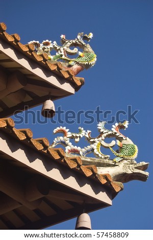 Traditional Chinese Dragons decorating the roof of a temple in Taiwan, Republic of China