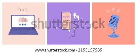Set of different podcast stuff. Laptop, smartphone, headphones, microphone. Hand drawn vector illustration isolated on color background. Flat cartoon style.